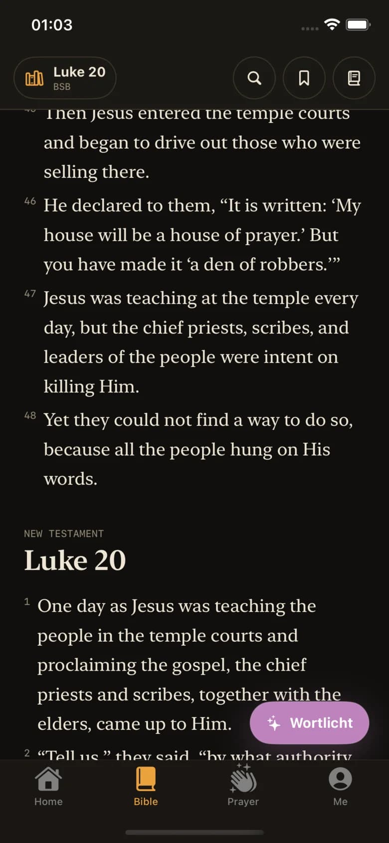 The Bible reader showing Luke 20 in the Berean Standard Bible.