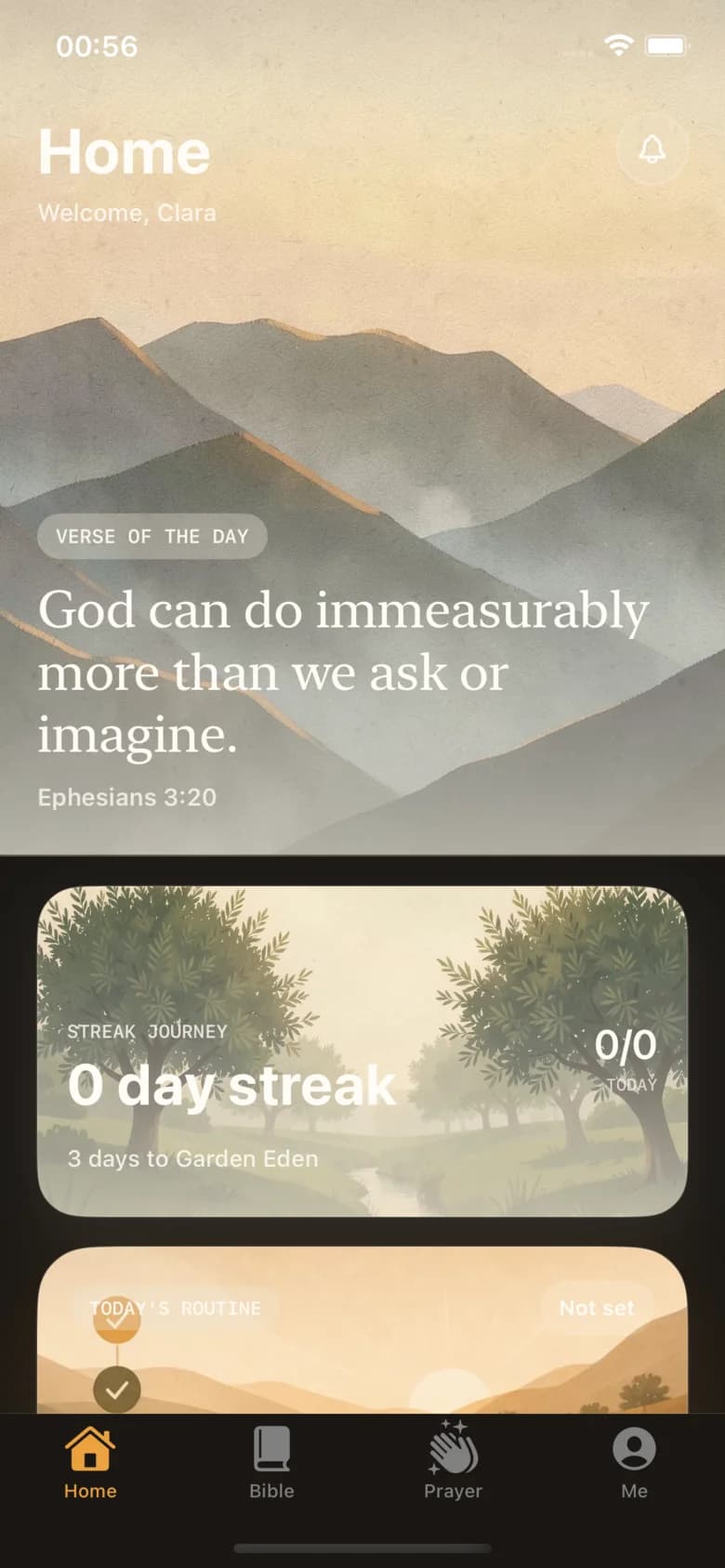 The Lumen home screen: the verse of the day set over a painted mountain landscape, with the streak journey and today's routine below.