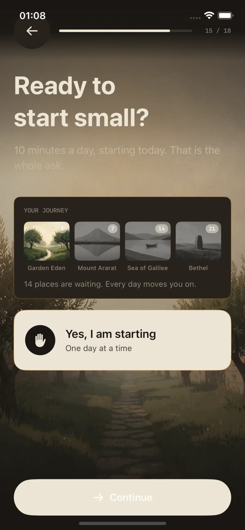 Lumen's onboarding asking whether you're ready to start small, with a preview of the journey ahead.