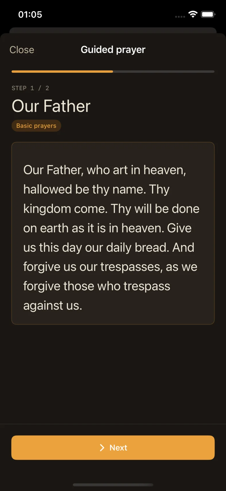 A guided prayer in progress: step one of two of the Our Father.